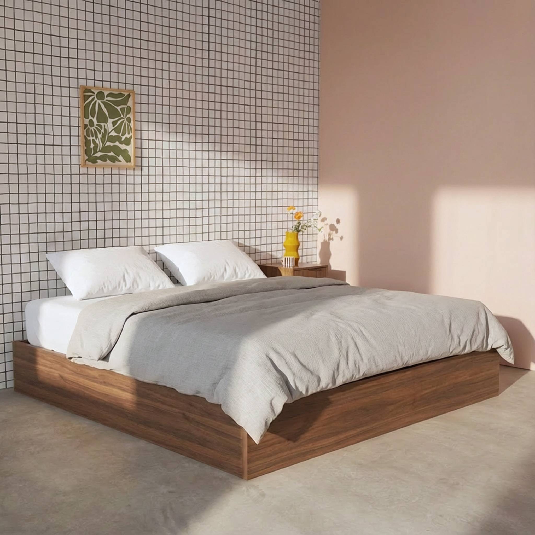 Letto contenitore con rete a doghe 160x200cm decorazione legno, noce