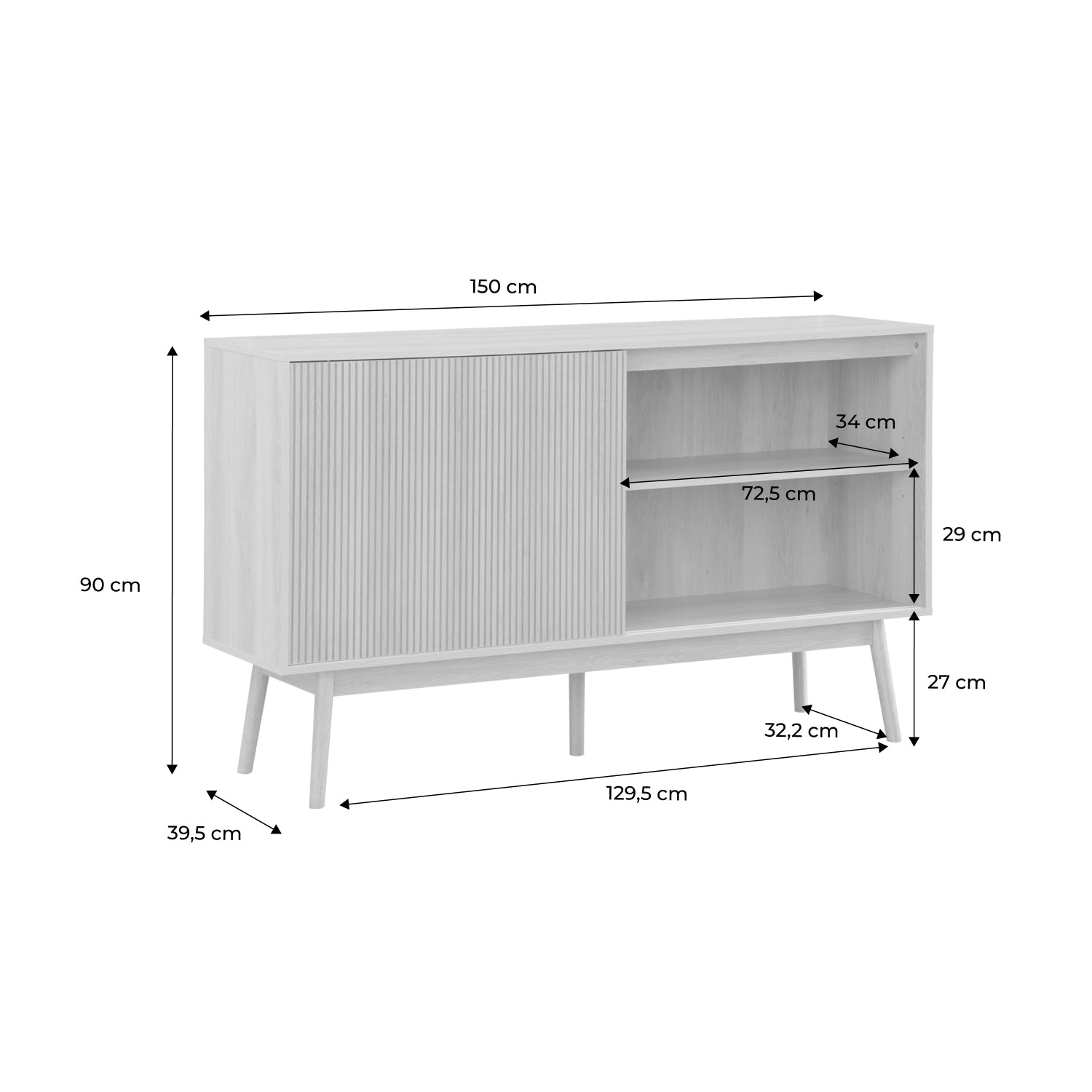 Credenza scandinava a 2 ante effetto legno, 150cm, marrone naturale