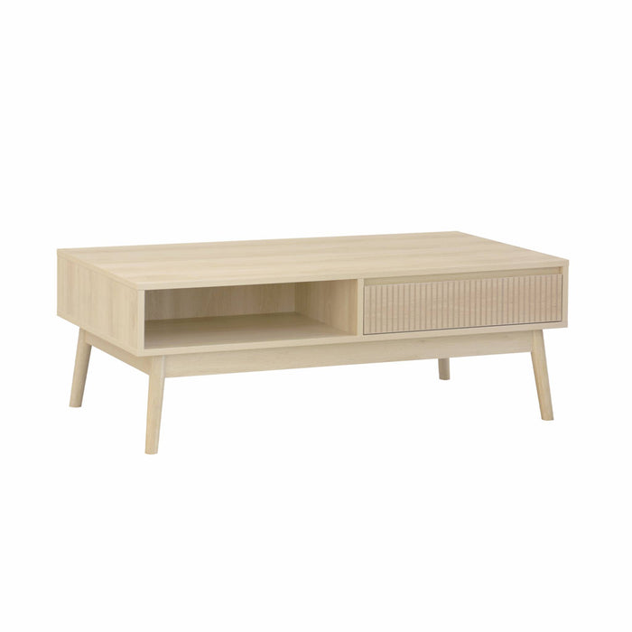 Tavolino scandinavo, decoro in legno scanalato, 2 nicchie, 1 cassetto,