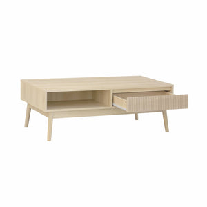 Tavolino scandinavo, decoro in legno scanalato, 2 nicchie, 1 cassetto,