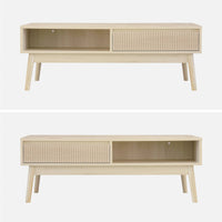 Tavolino scandinavo, decoro in legno scanalato, 2 nicchie, 1 cassetto,
