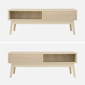 Tavolino scandinavo, decoro in legno scanalato, 2 nicchie, 1 cassetto,