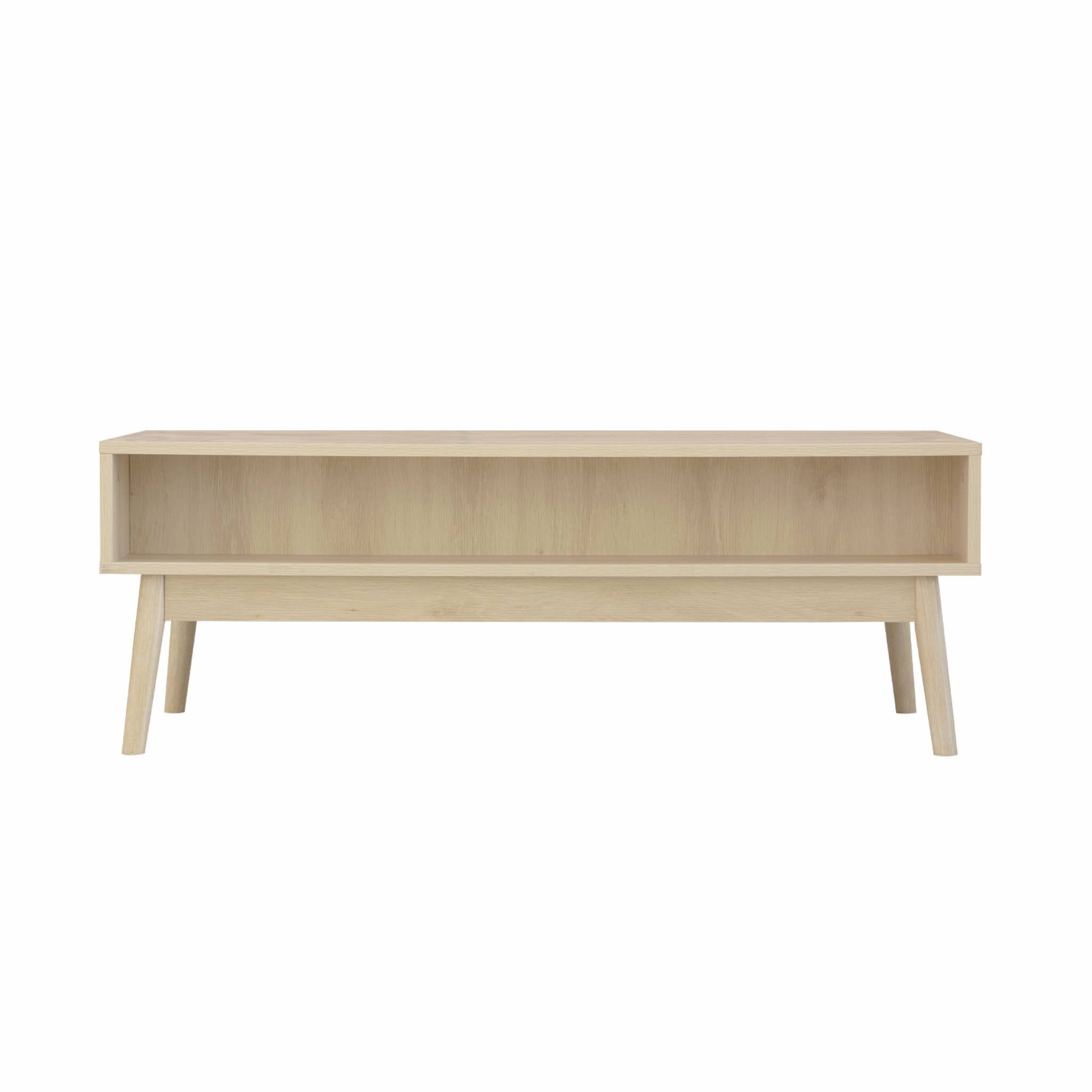 Tavolino scandinavo, decoro in legno scanalato, 2 nicchie, 1 cassetto,