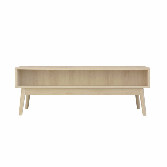 Tavolino scandinavo, decoro in legno scanalato, 2 nicchie, 1 cassetto,