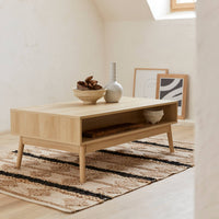 Tavolino scandinavo, decoro in legno scanalato, 2 nicchie, 1 cassetto,