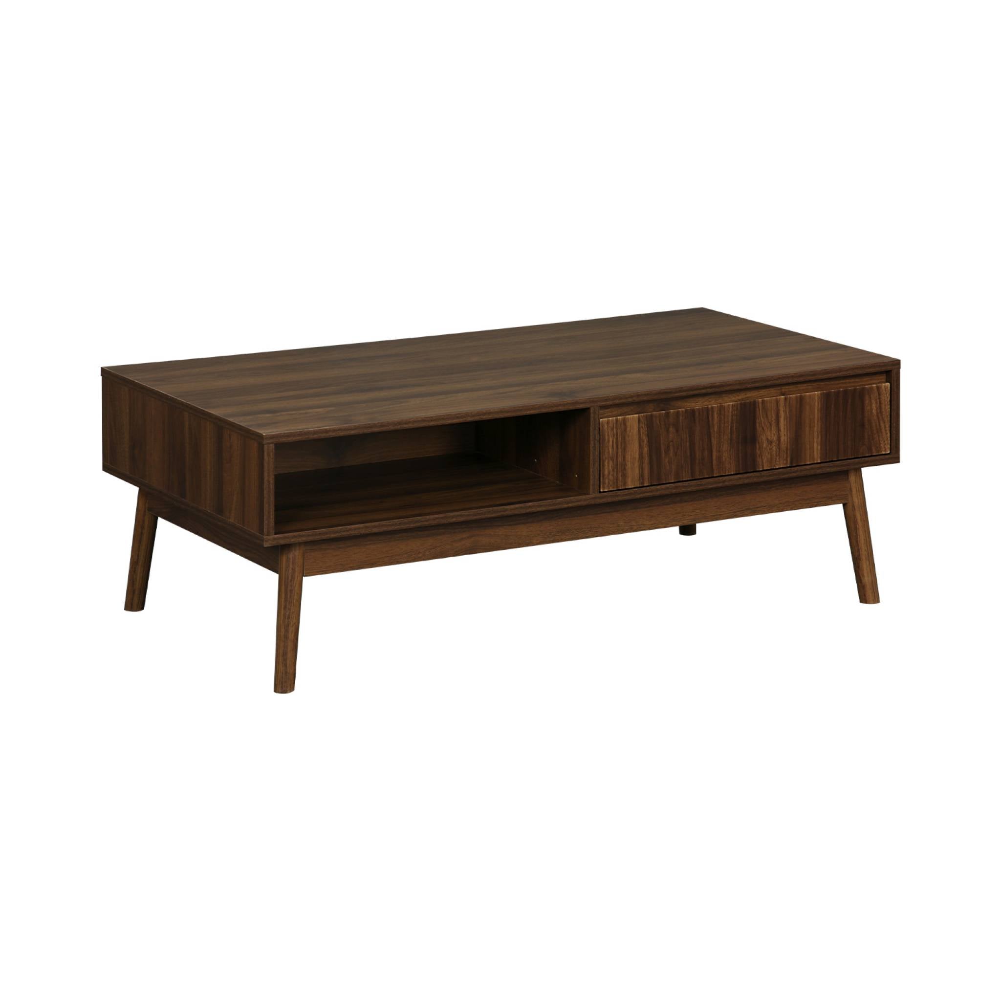 Tavolino scandinavo, decoro in legno scanalato, 2 nicchie, 1 cassetto,