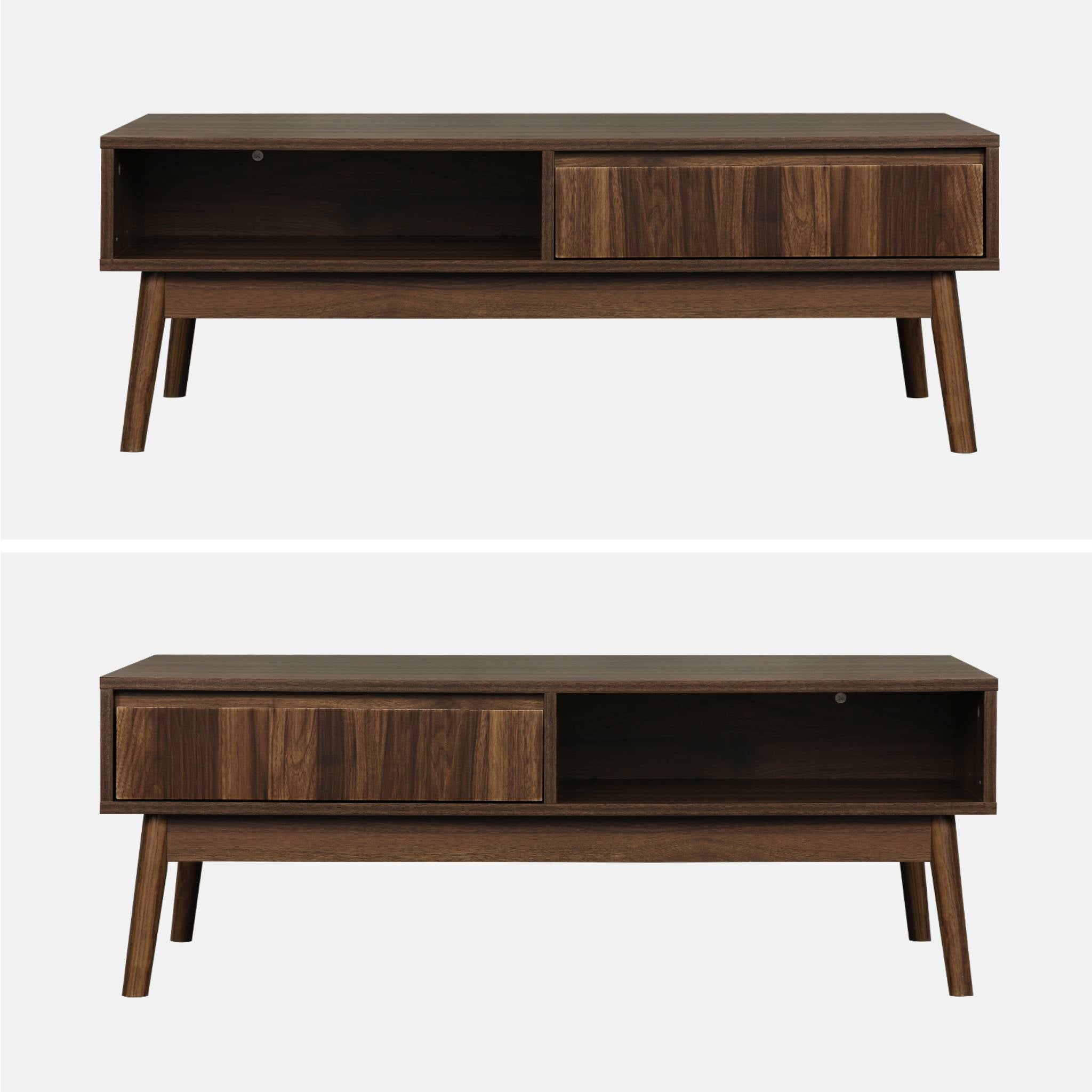 Tavolino scandinavo, decoro in legno scanalato, 2 nicchie, 1 cassetto,