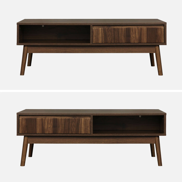Tavolino scandinavo, decoro in legno scanalato, 2 nicchie, 1 cassetto,