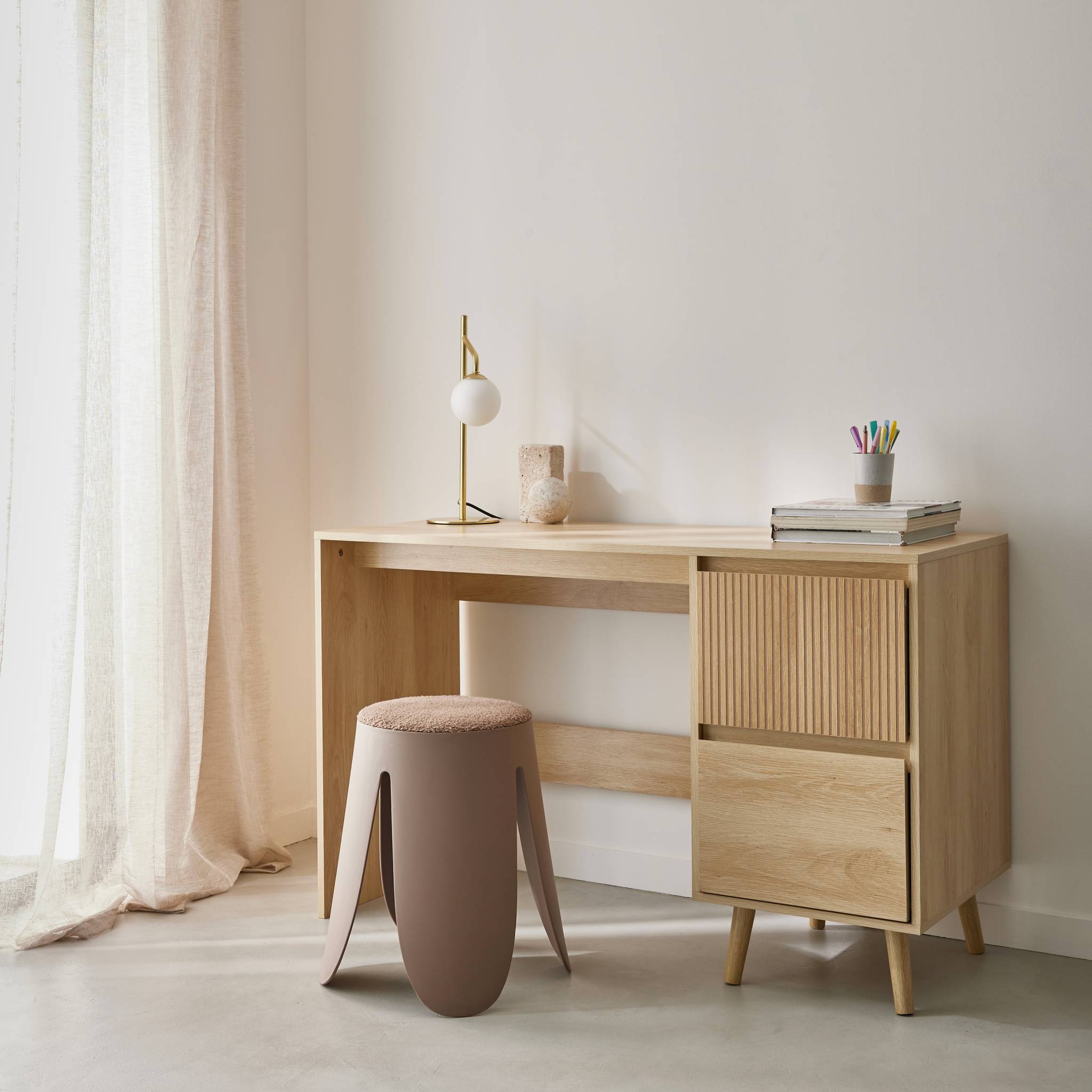 Scrivania scandinava decorazione in legno 2 cassetti, marrone naturale