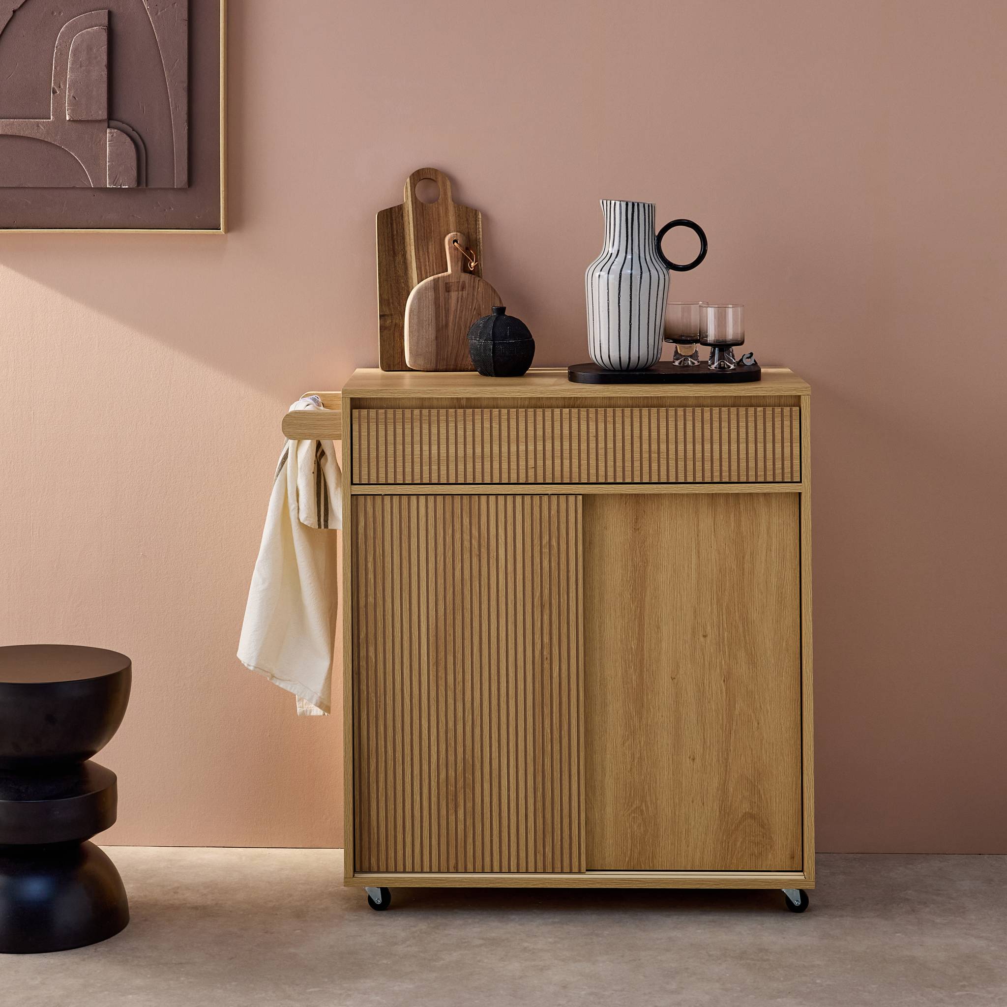 Carrello da cucina decorato in legno con 1 maniglia, 1 cassetto e 2