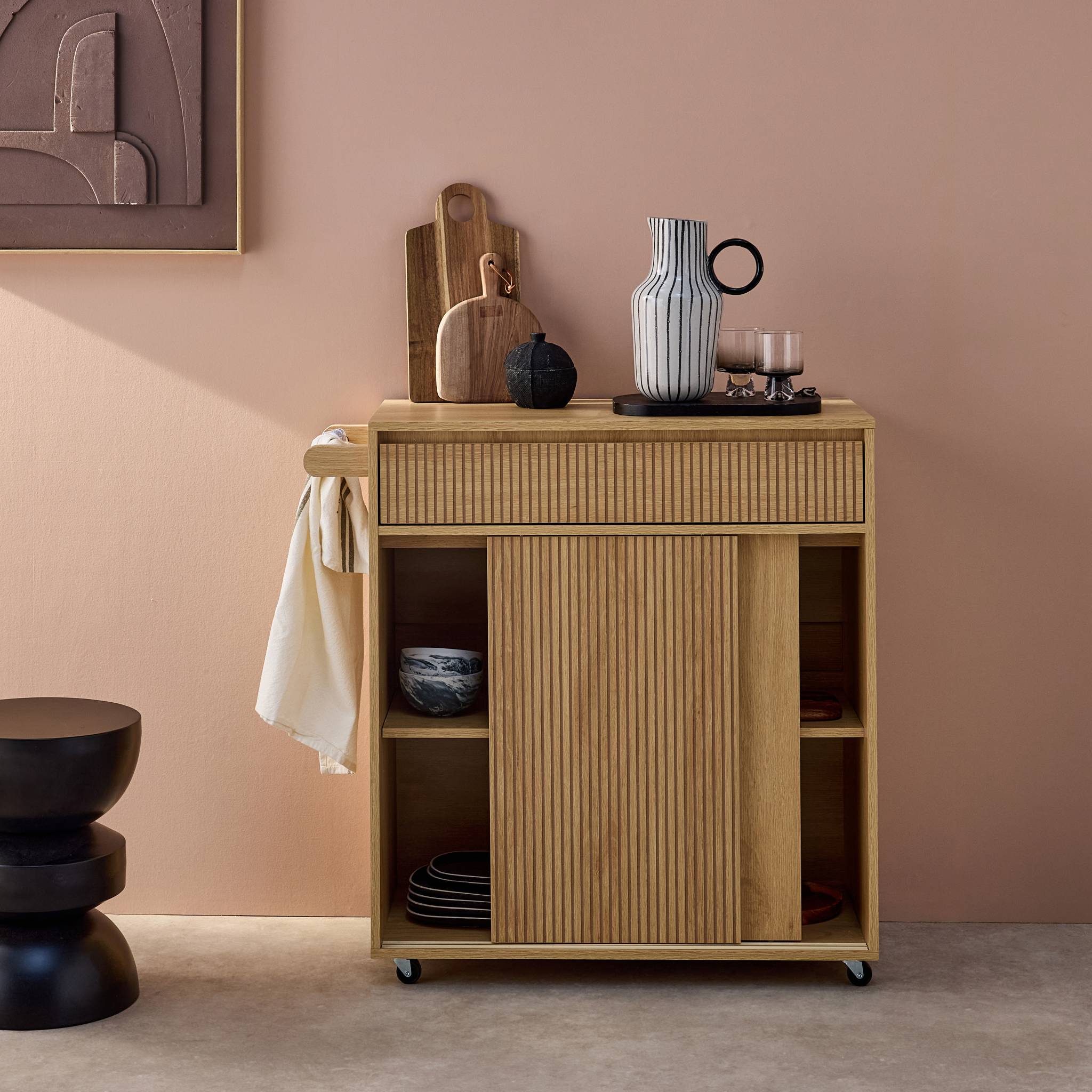 Carrello da cucina decorato in legno con 1 maniglia, 1 cassetto e 2