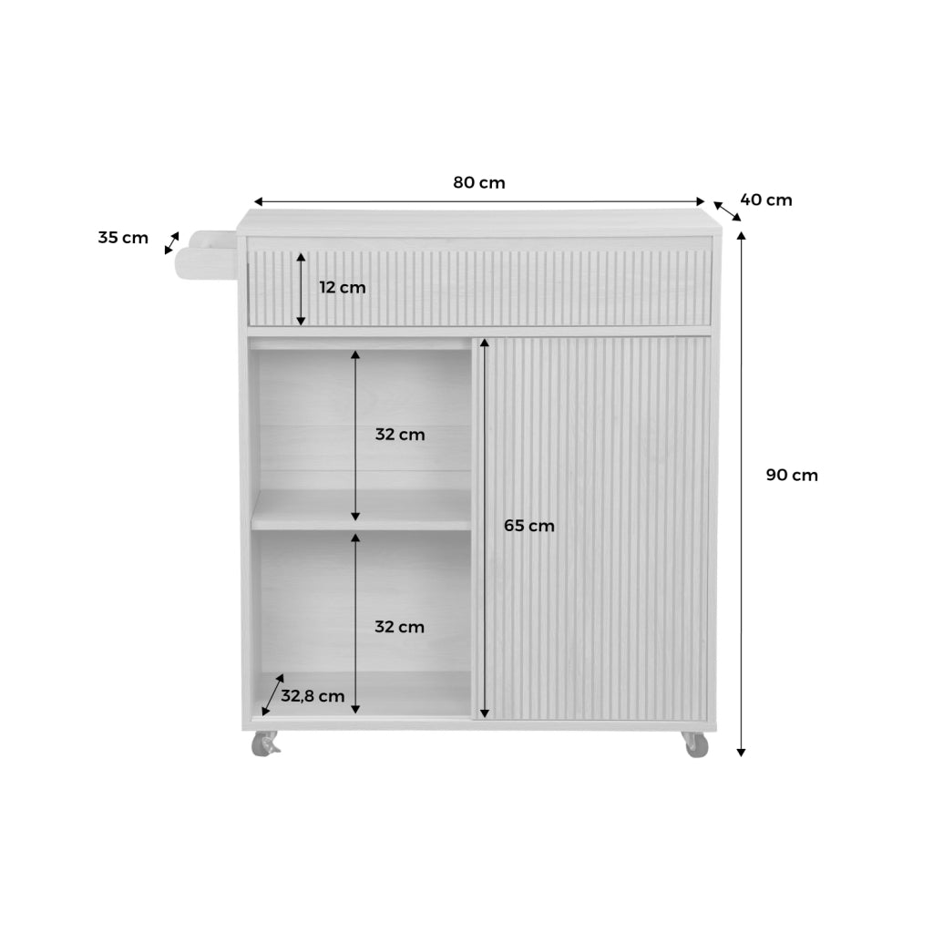 Carrello da cucina decorato in legno con 1 maniglia, 1 cassetto e 2