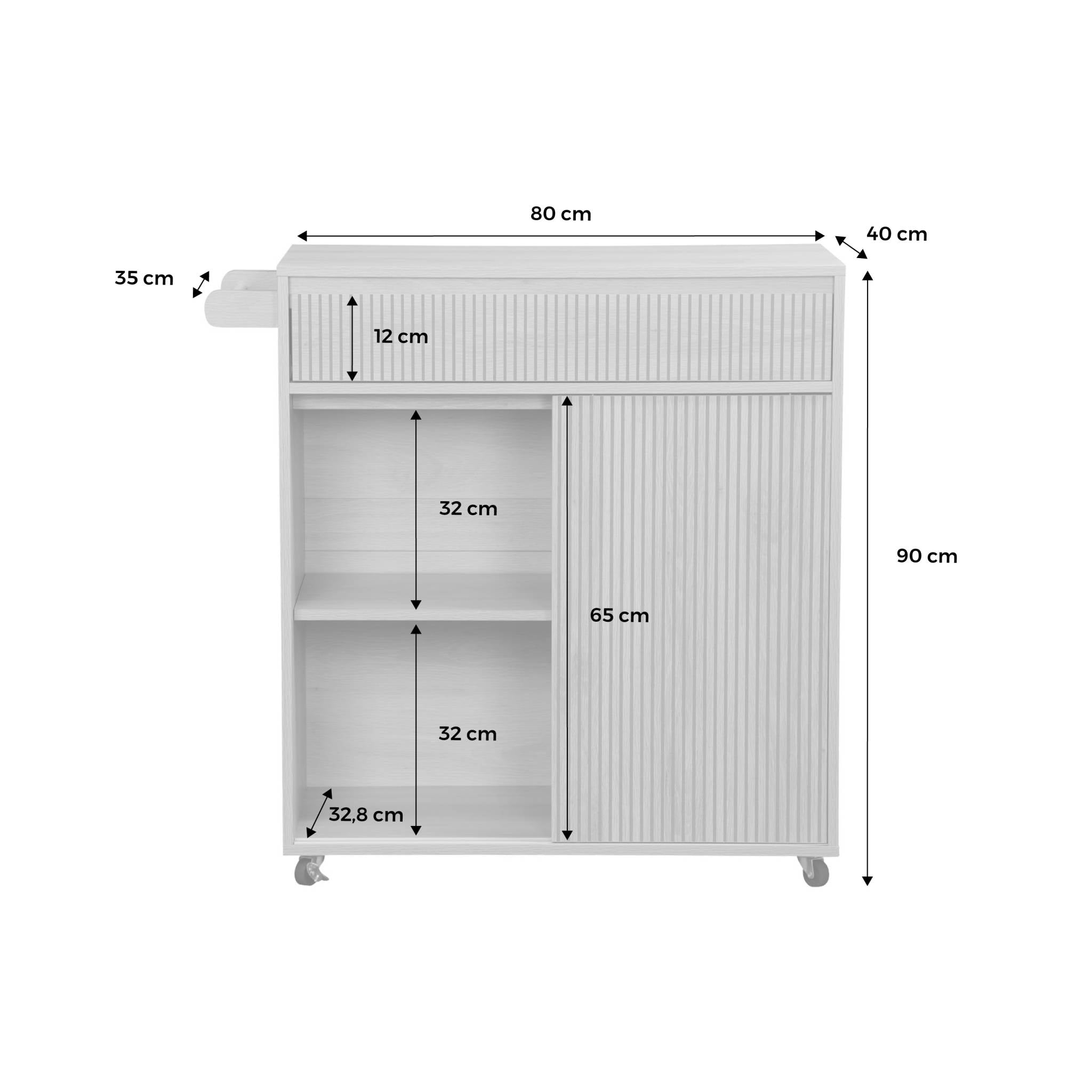 Carrello da cucina decorato in legno con 1 maniglia, 1 cassetto e 2
