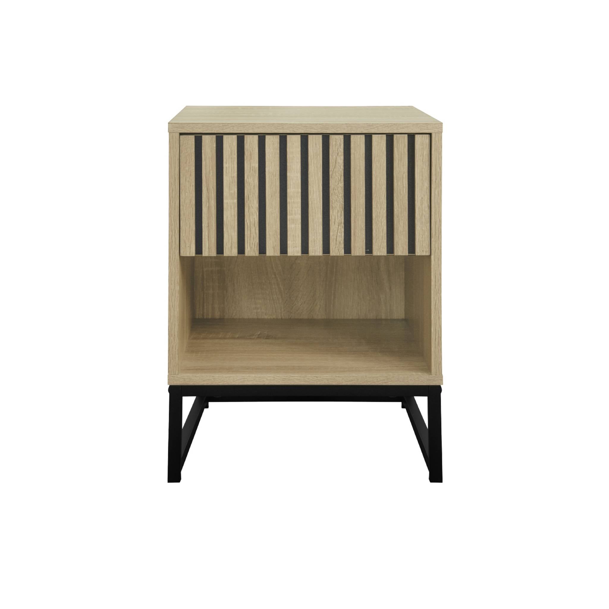 Comodino contemporaneo effetto legno scanalato con 1 cassetto, marrone