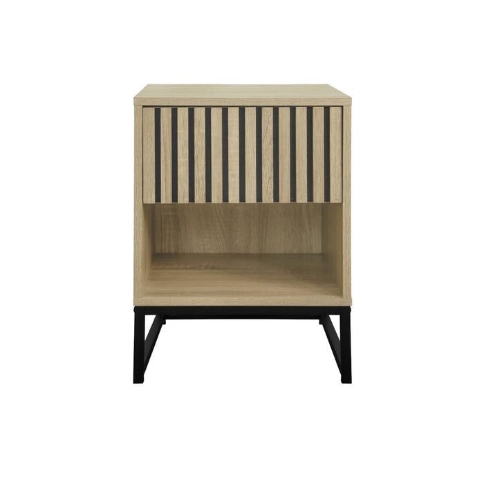 Comodino contemporaneo effetto legno scanalato con 1 cassetto, marrone