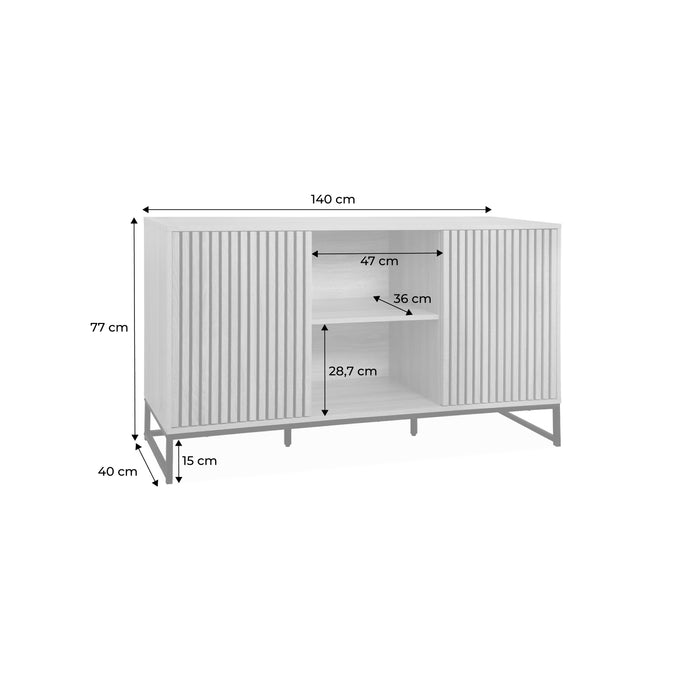 Credenza contemporanea a 2 ante scanalate effetto legno, 140cm,