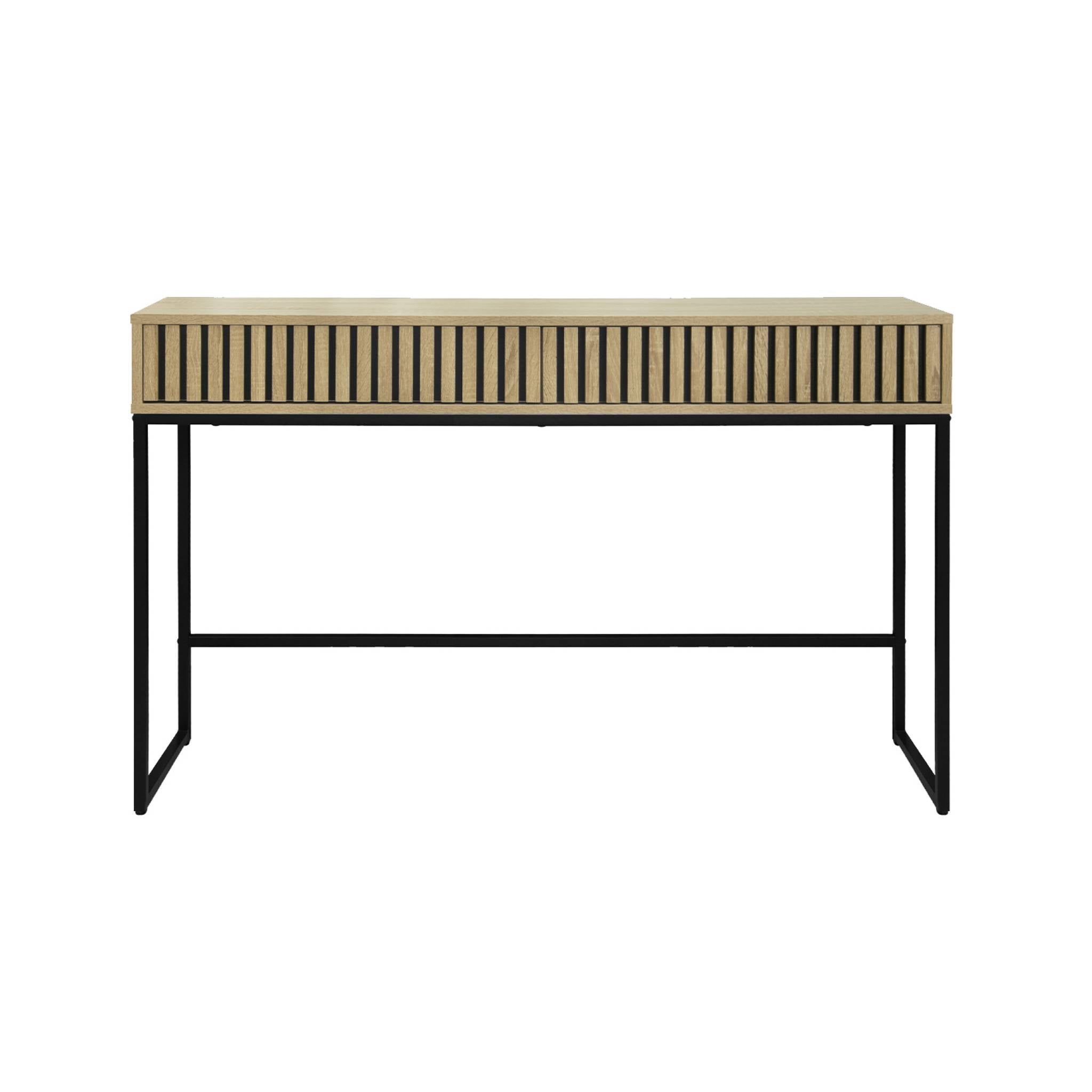 Consolle contemporanea con 2 cassetti, legno scanalato e decori in