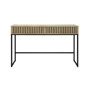 Consolle contemporanea con 2 cassetti, legno scanalato e decori in