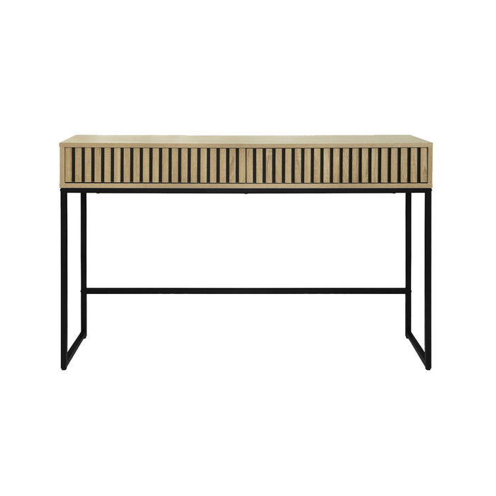 Consolle contemporanea con 2 cassetti, legno scanalato e decori in