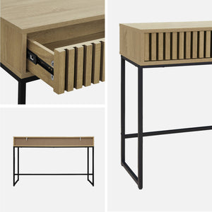 Consolle contemporanea con 2 cassetti, legno scanalato e decori in