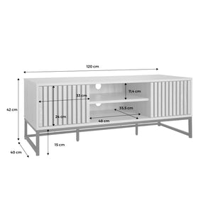 Mobile tv a 2 ante in legno scanalato e metallo nero, 120cm, marrone