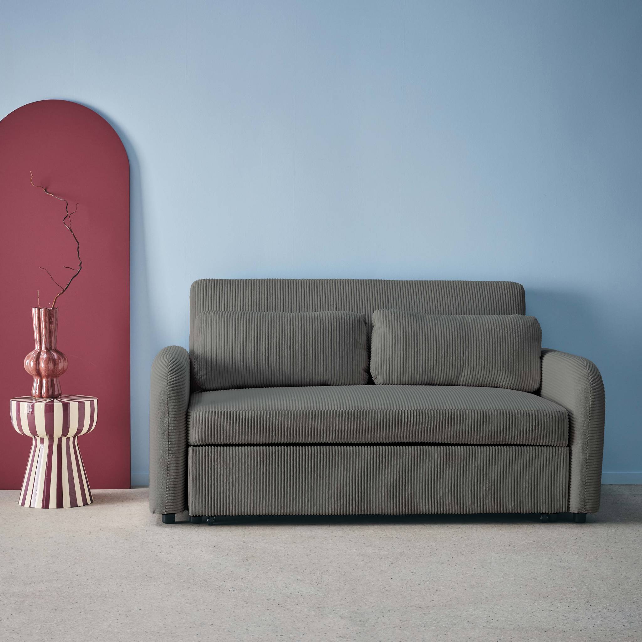 Divano letto arrotondato velluto a coste, 2 posti, grigio scuro