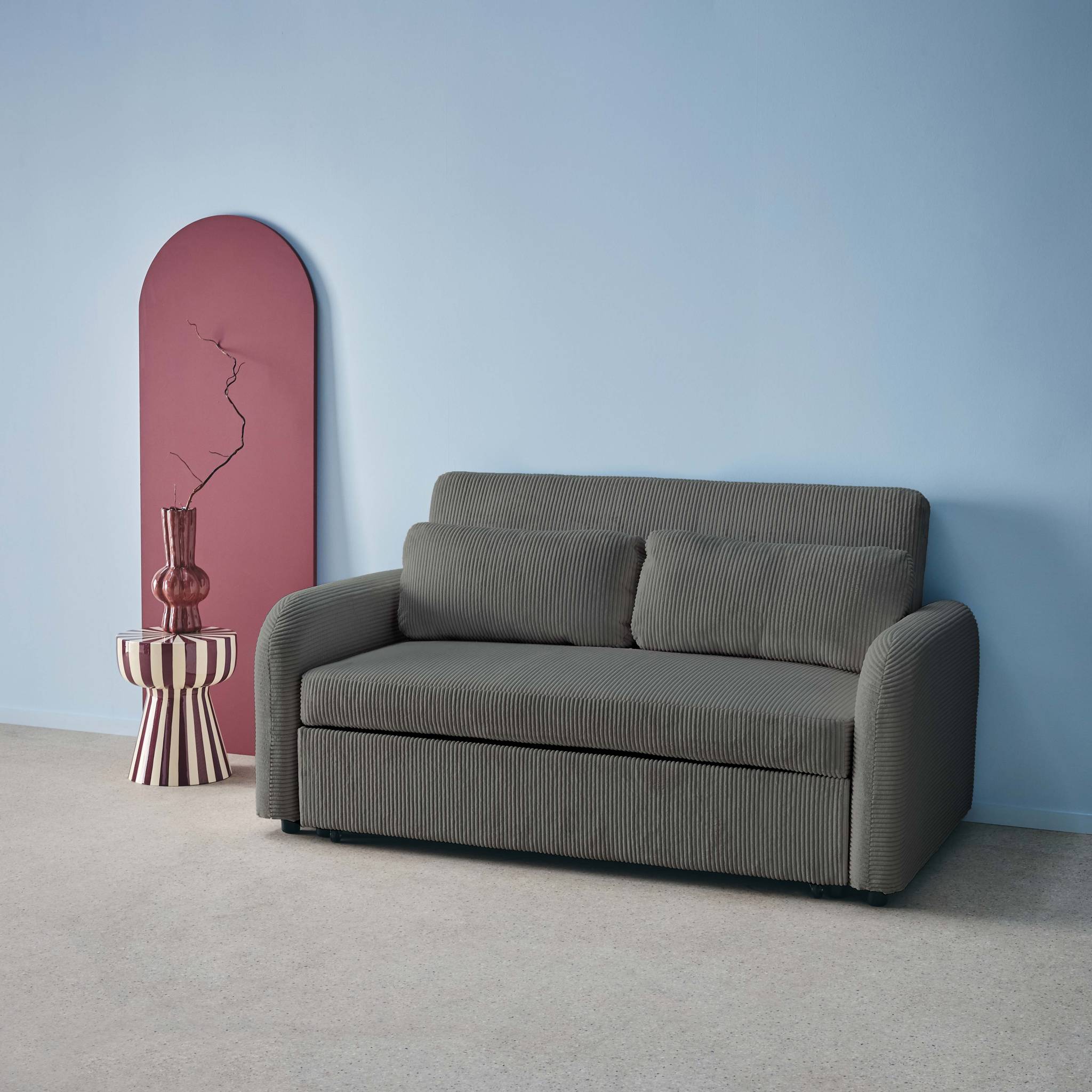 Divano letto arrotondato velluto a coste, 2 posti, grigio scuro