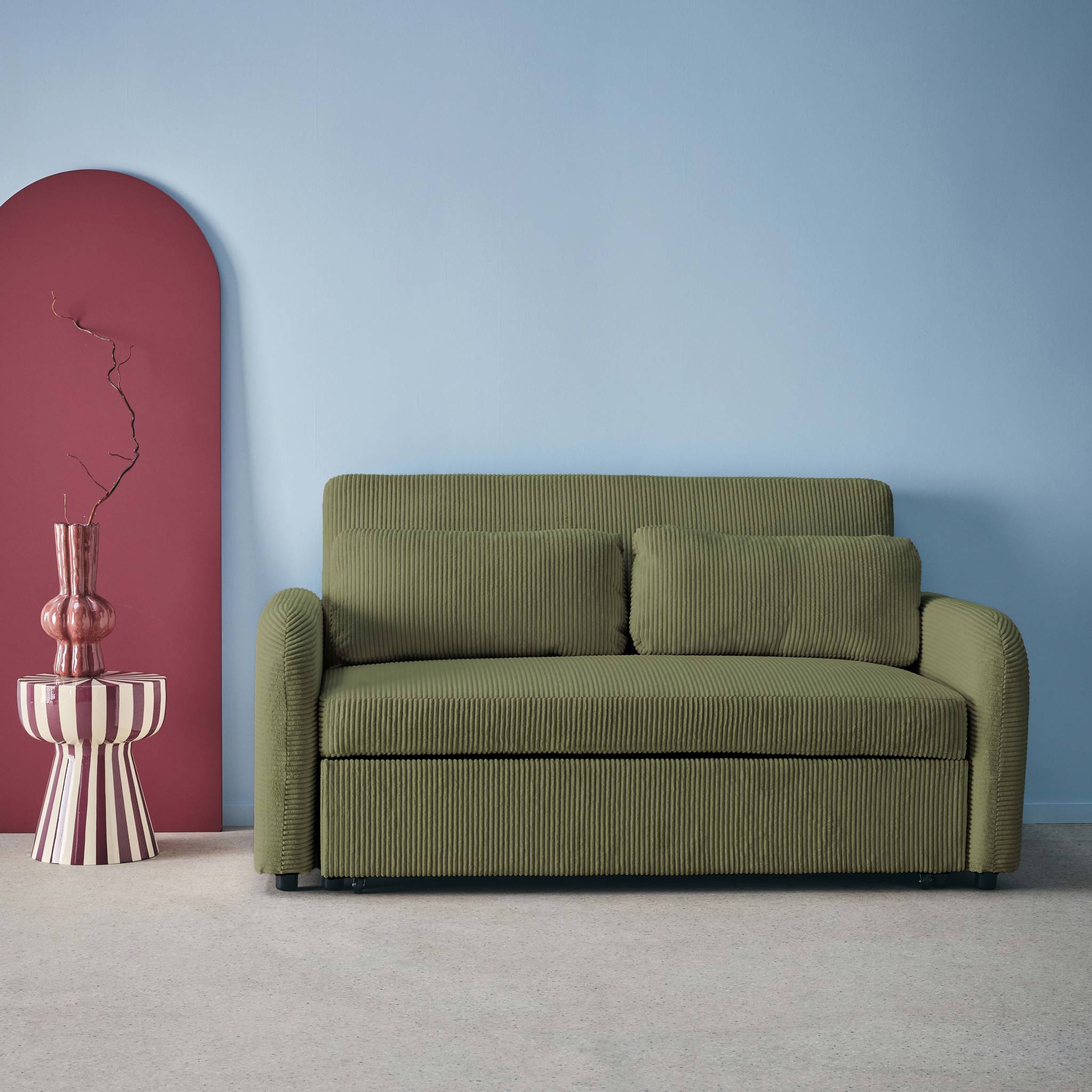 Divano letto arrotondato velluto a coste, 2 posti, verde kaki