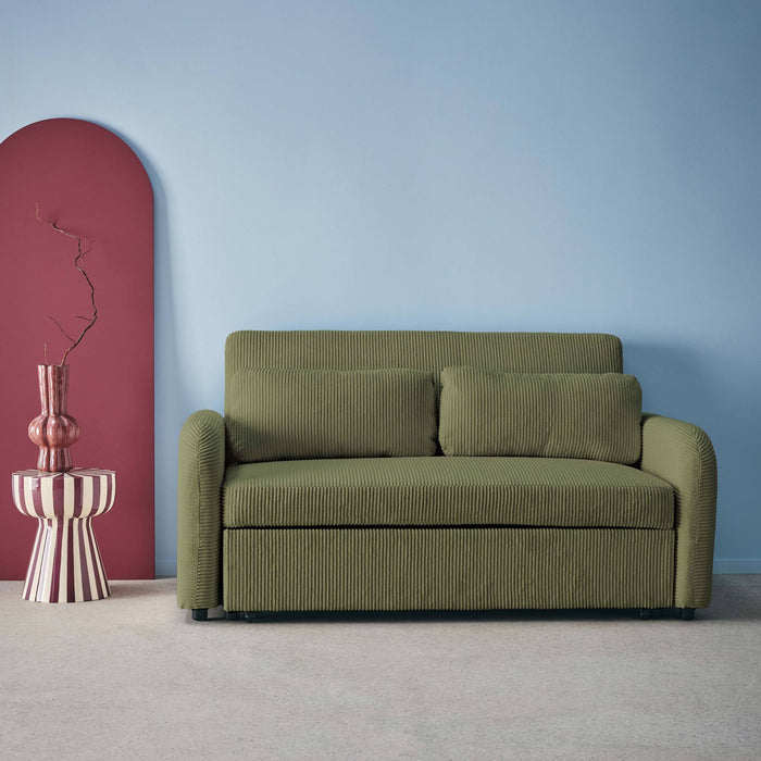 Divano letto arrotondato velluto a coste, 2 posti, verde kaki