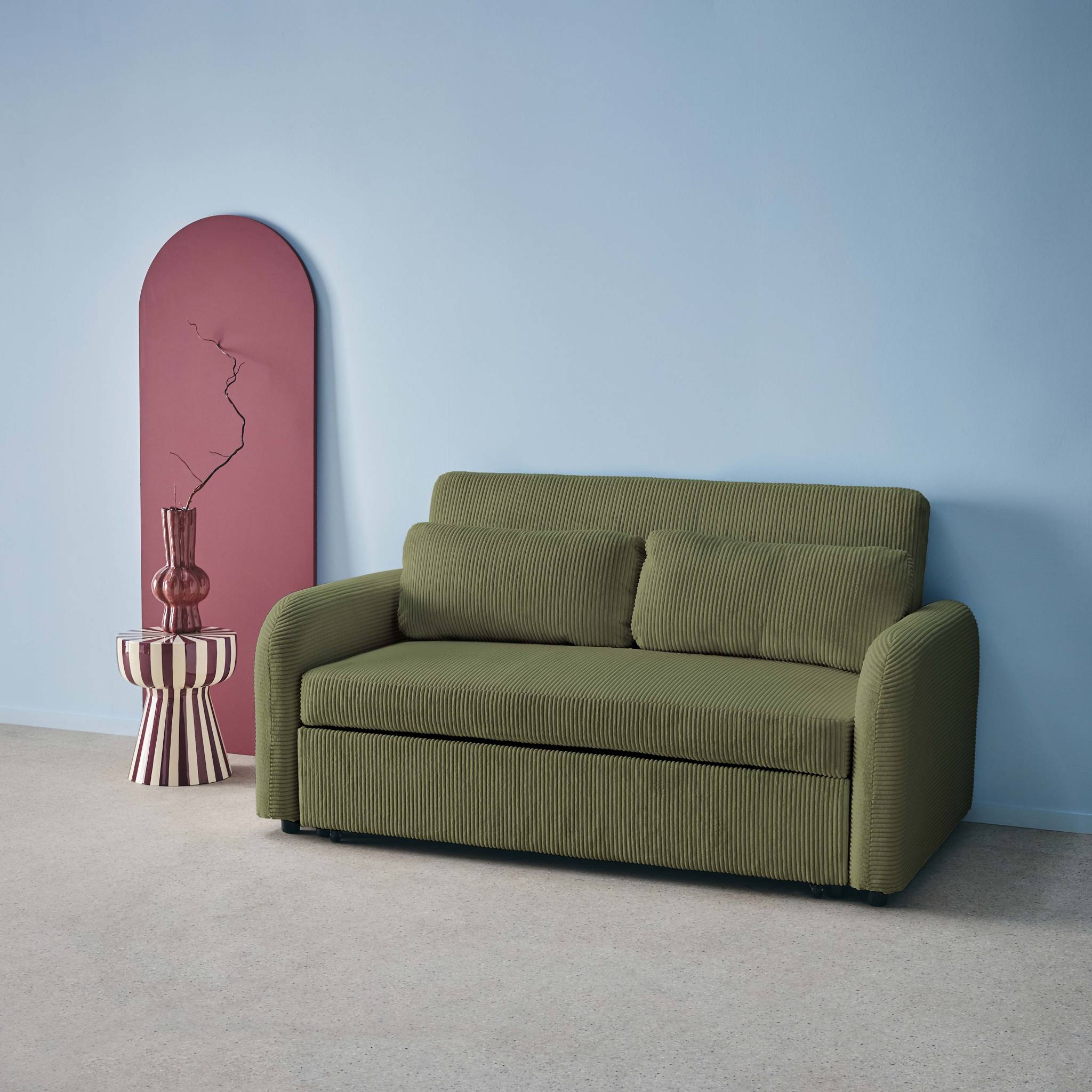 Divano letto arrotondato velluto a coste, 2 posti, verde kaki