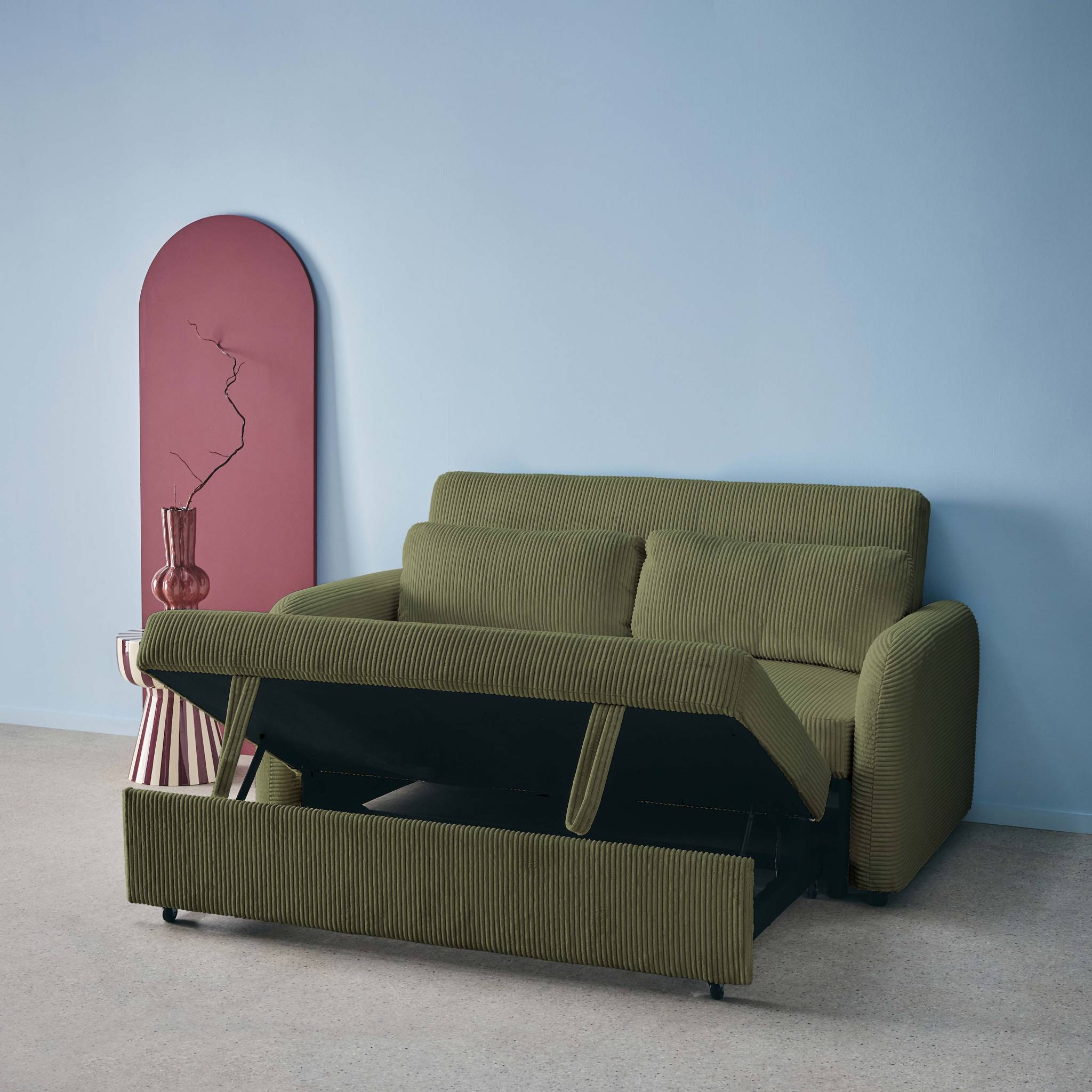 Divano letto arrotondato velluto a coste, 2 posti, verde kaki