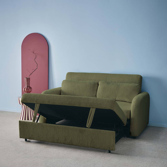 Divano letto arrotondato velluto a coste, 2 posti, verde kaki