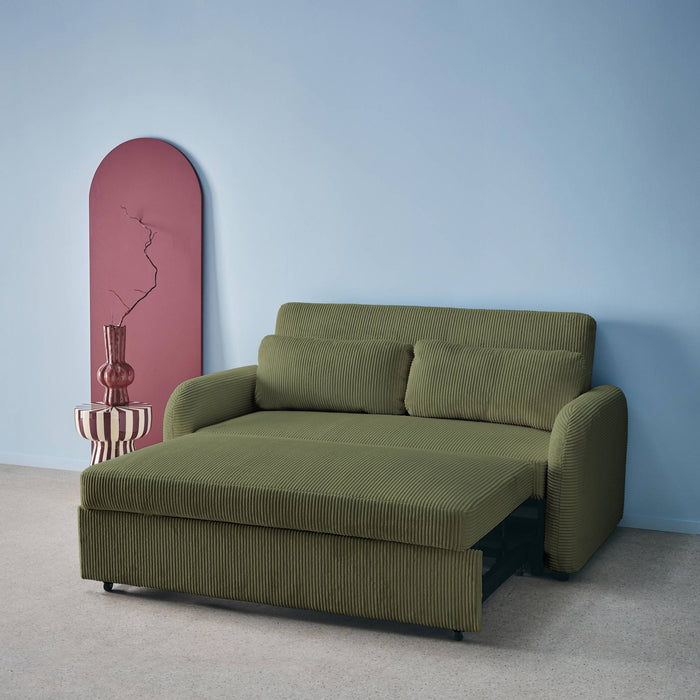 Divano letto arrotondato velluto a coste, 2 posti, verde kaki