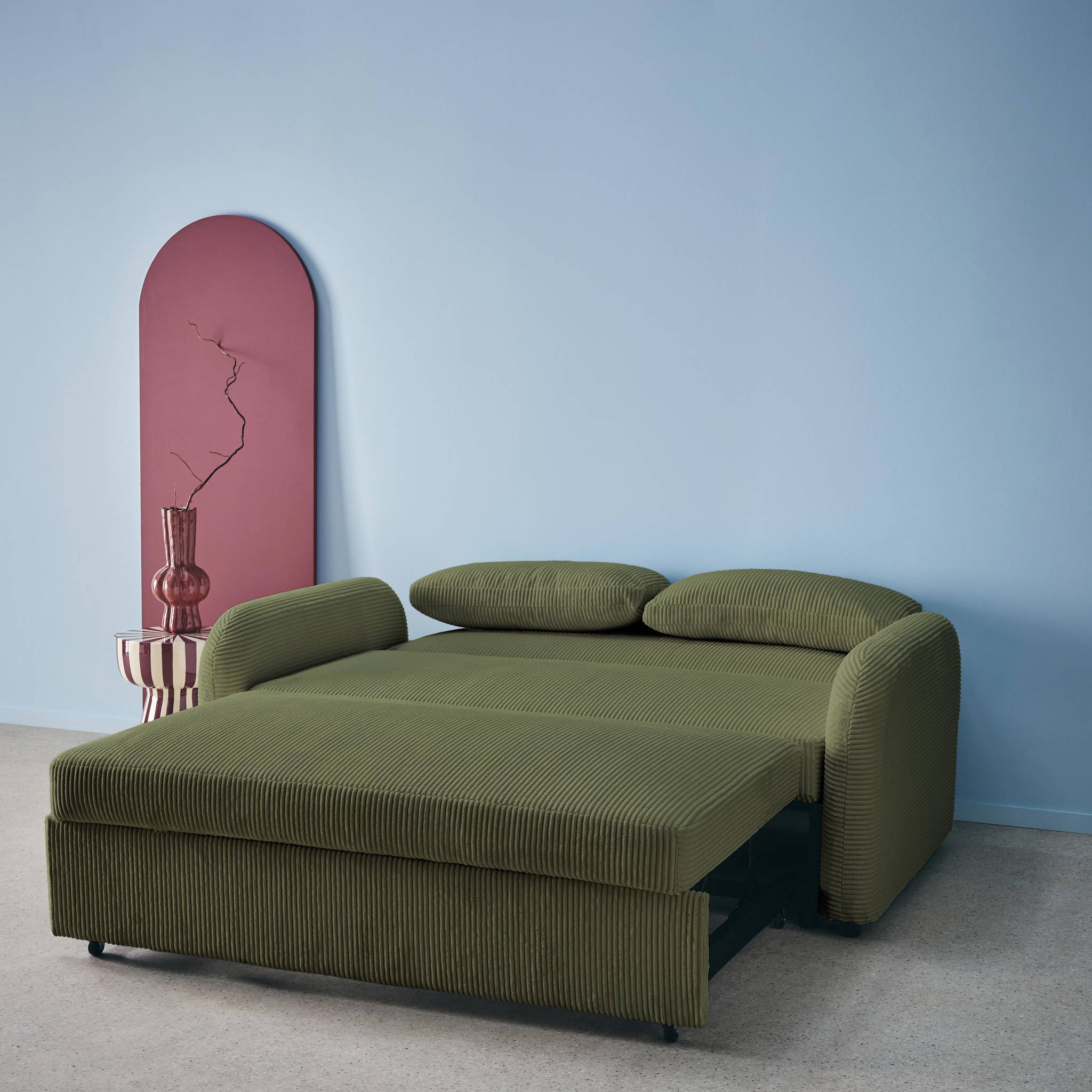 Divano letto arrotondato velluto a coste, 2 posti, verde kaki