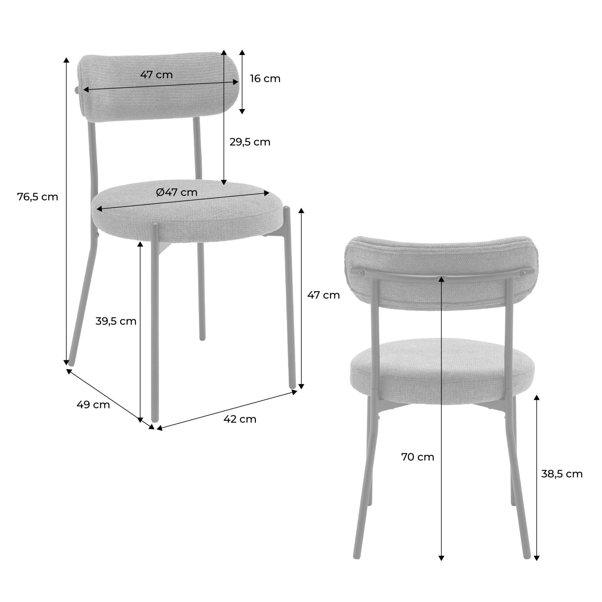 Set di 2 sedie in metallo e tessuto ciniglia, grigio