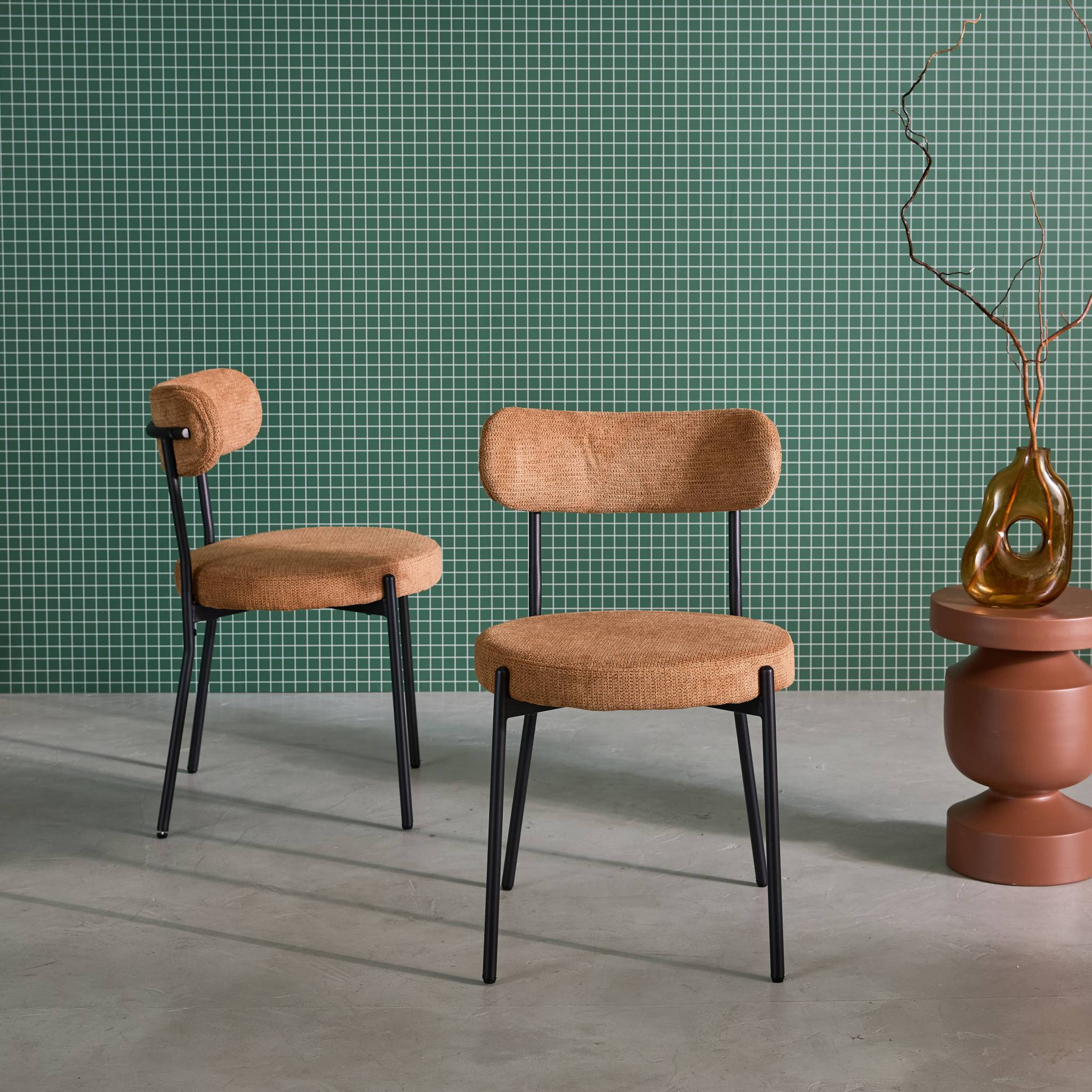 Set di 2 sedie in metallo e tessuto ciniglia, camel