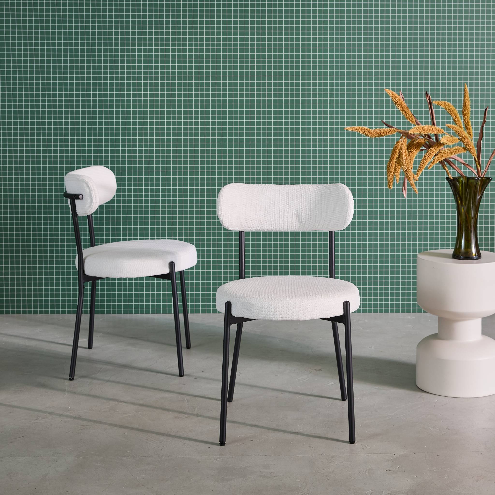 Set di 2 sedie in metallo e tessuto ciniglia, bianco