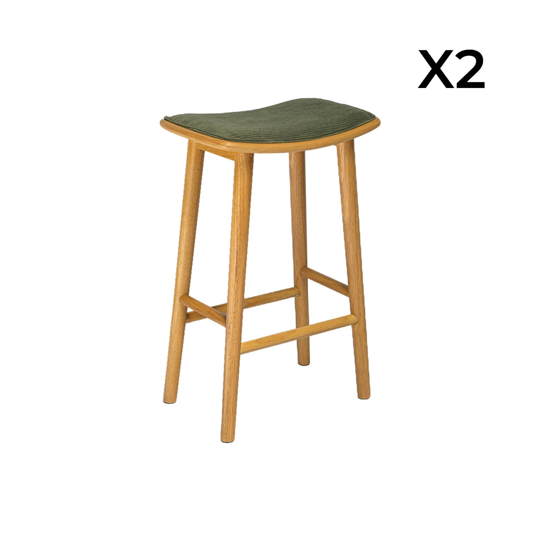 Set 2 sgabelli da bar vintage in legno di hevea e velluto a coste,