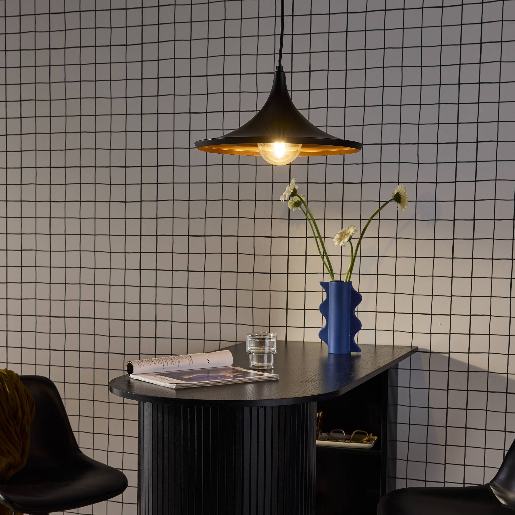 Lampada sospensione interne metallo, 35cm, nero e oro