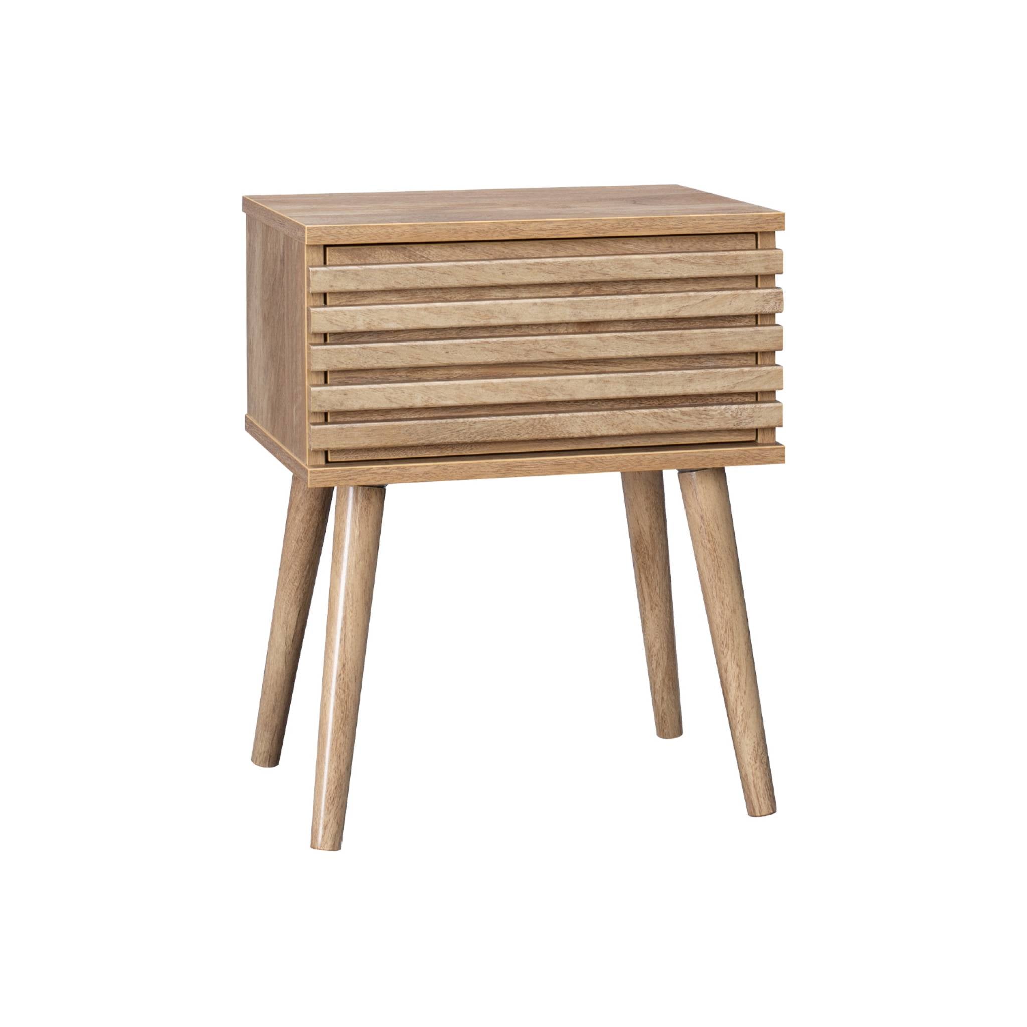Comodino scandinavo con decori in legno scanalato, marrone naturale
