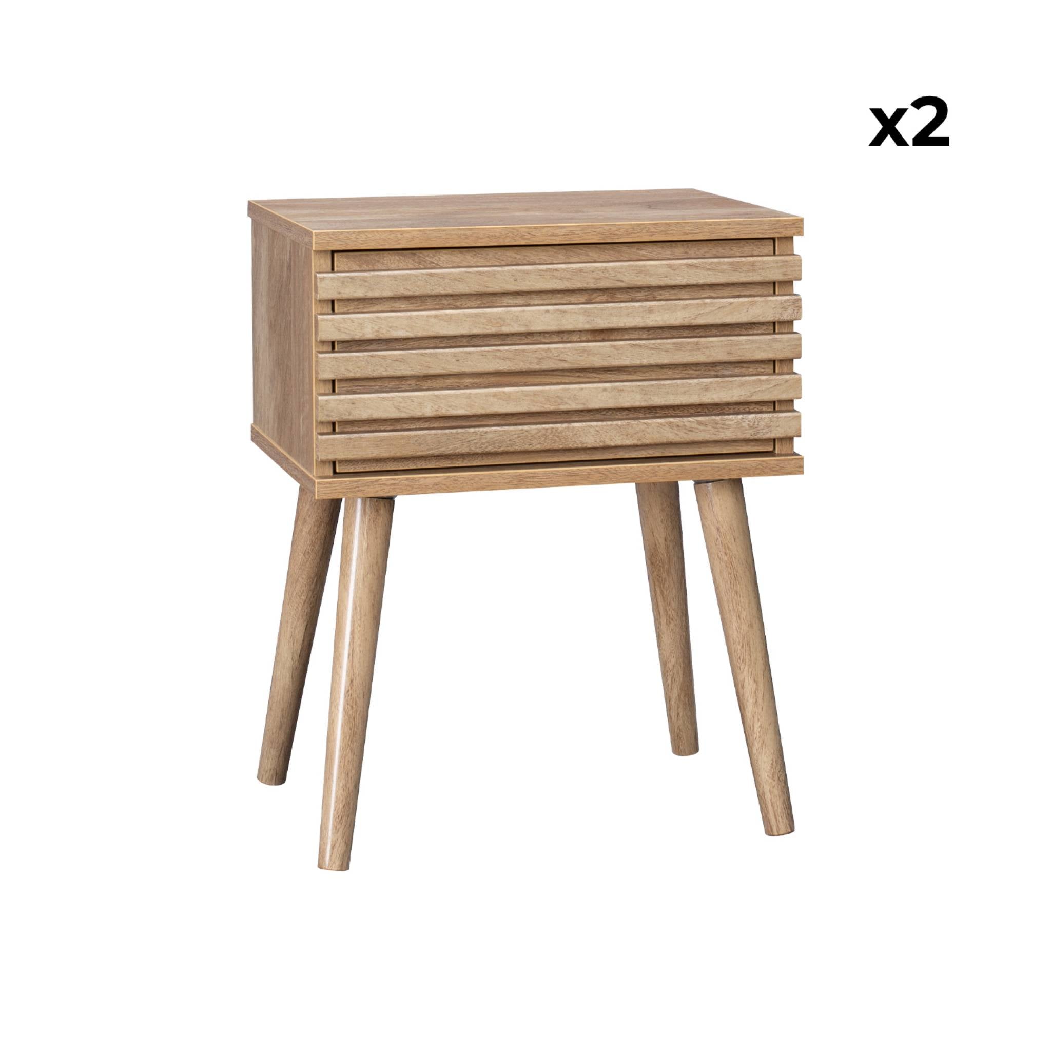 Set di 2 comodini scandinavi con decoro in legno scanalato, marrone