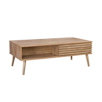 Tavolino scandinavo con ante scorrevoli, decoro in legno scanalato,
