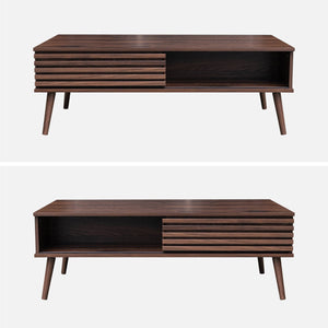 Tavolino scandinavo con ante scorrevoli, decoro in legno scanalato,