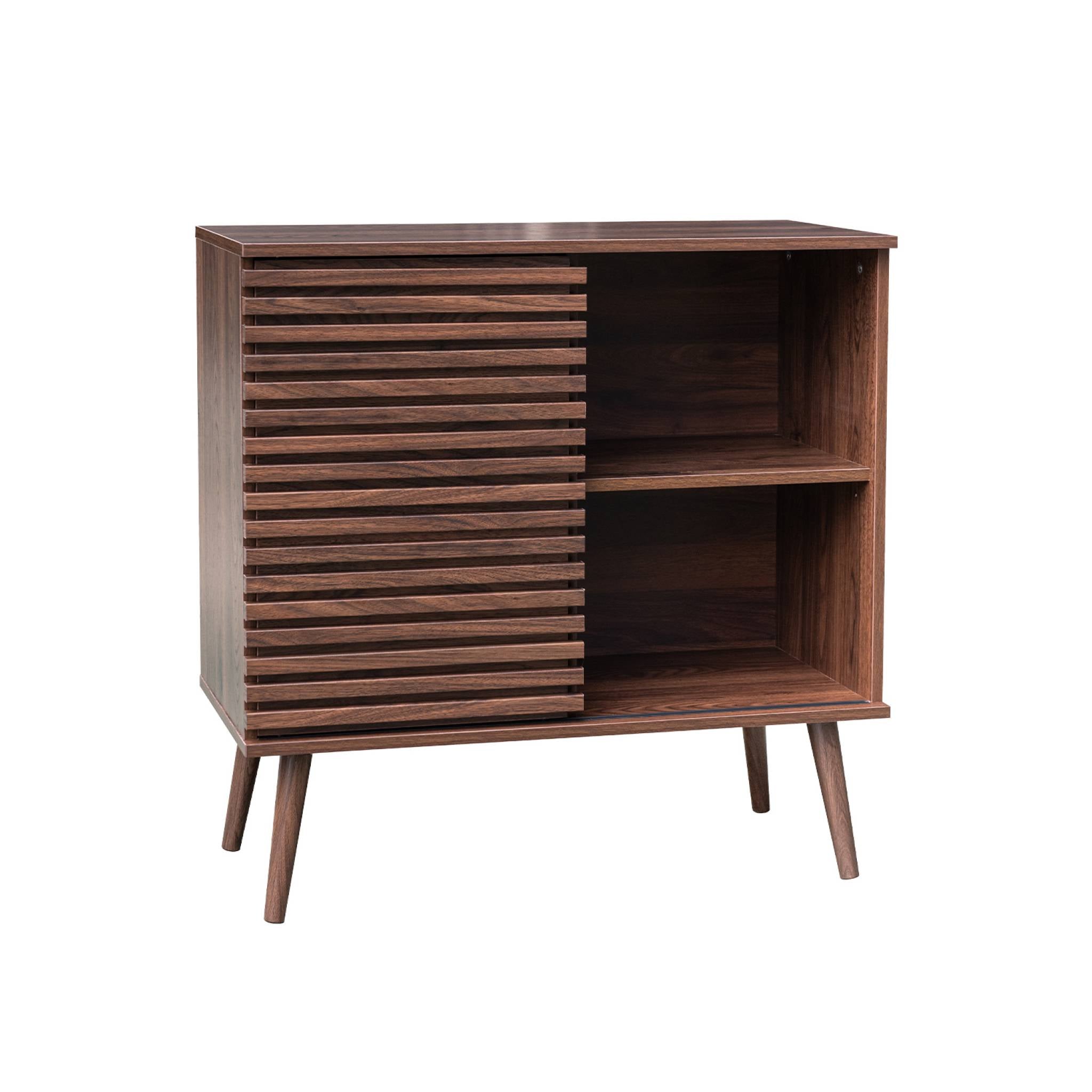 Credenza scandinava effetto legno e anta scorrevole scanalata, 80cm,