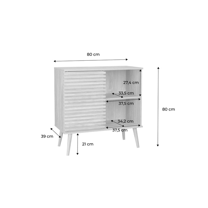 Credenza scandinava effetto legno e anta scorrevole scanalata, 80cm,