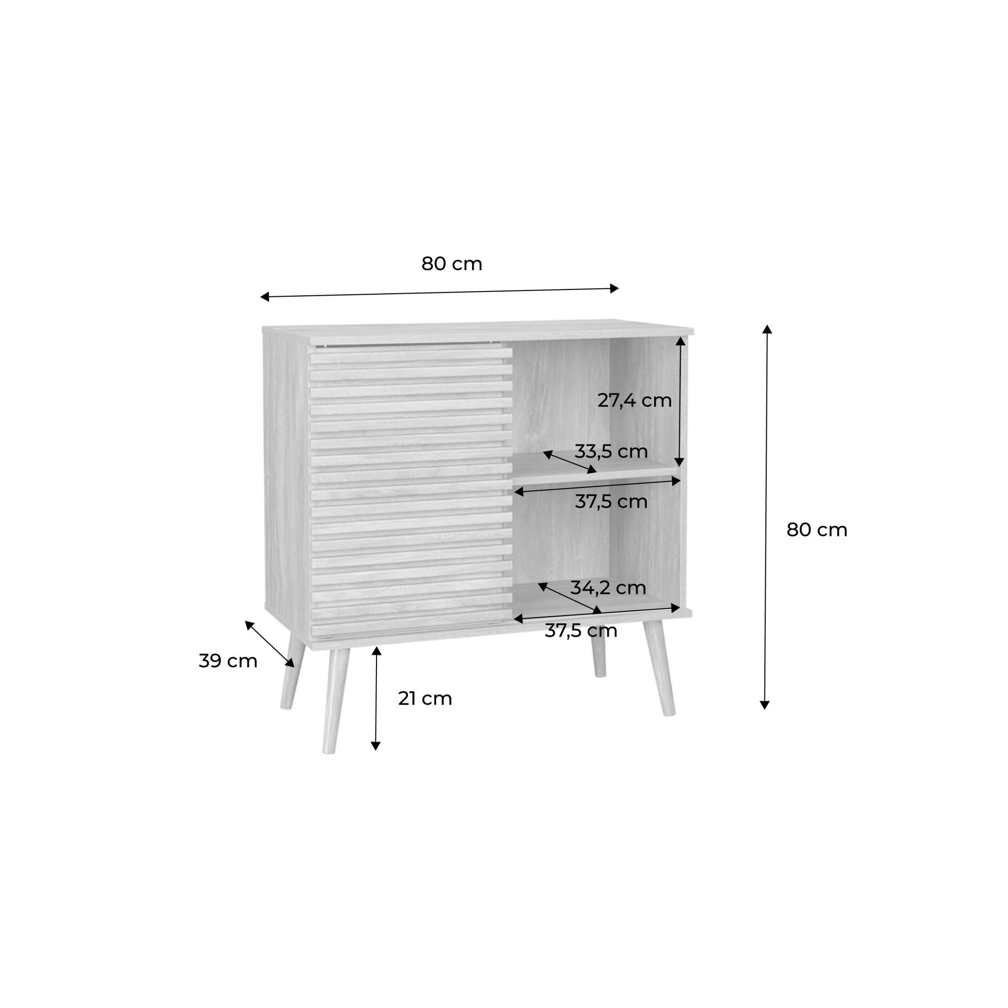 Credenza scandinava effetto legno e anta scorrevole scanalata, 80cm,