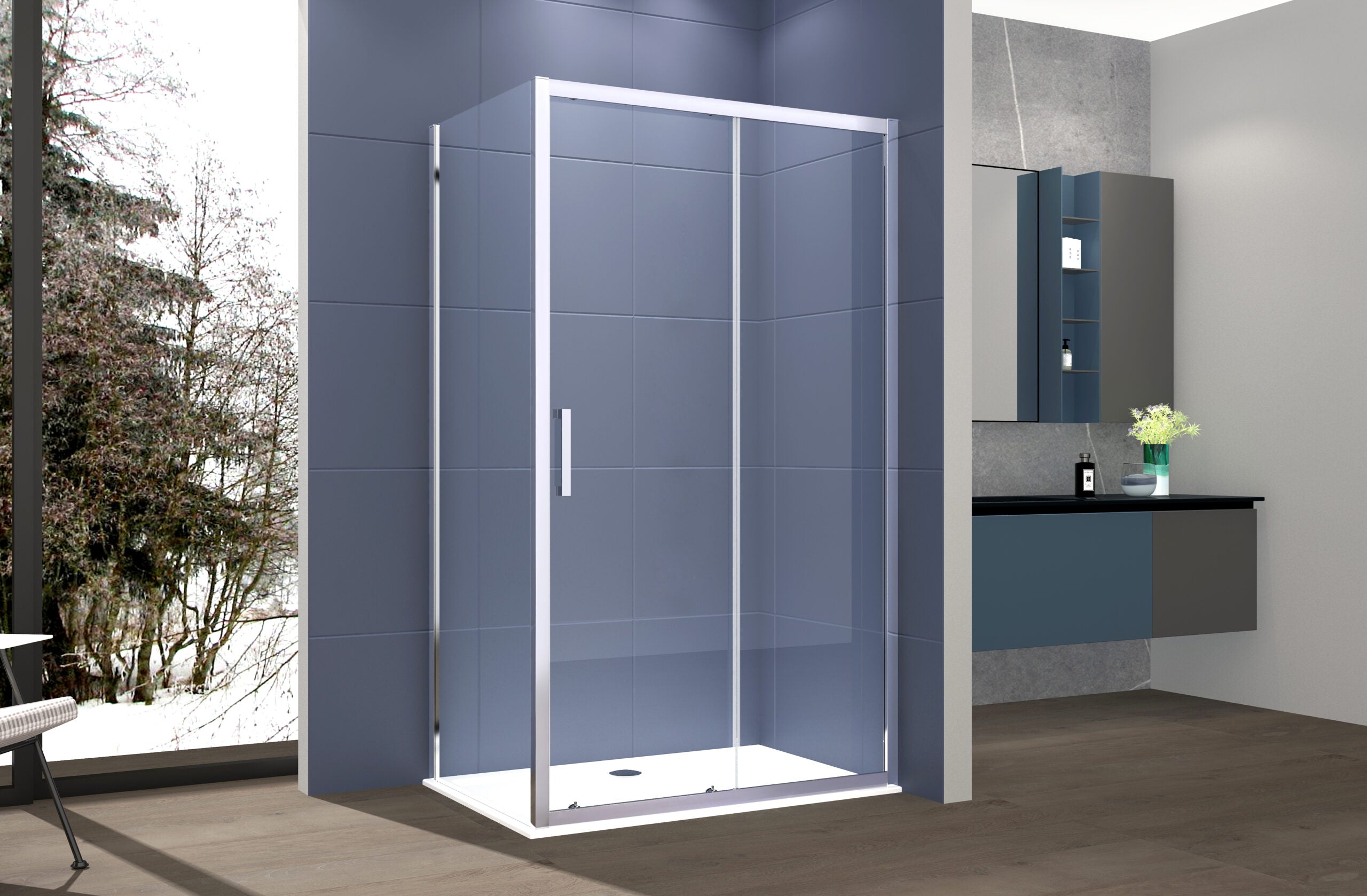 Box doccia 2 lati 80x165 cm fisso + porta scorrevole apertura laterale H195 cm SARA Cromato