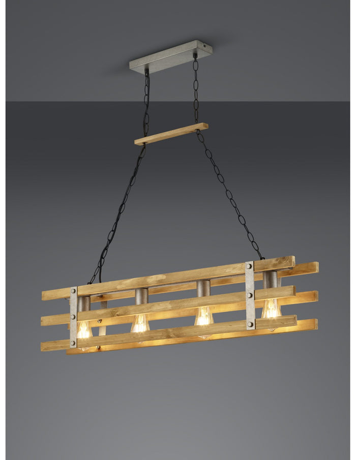 Lampadario Legno Design Rustico Khan 4 Luci Trio Lighting