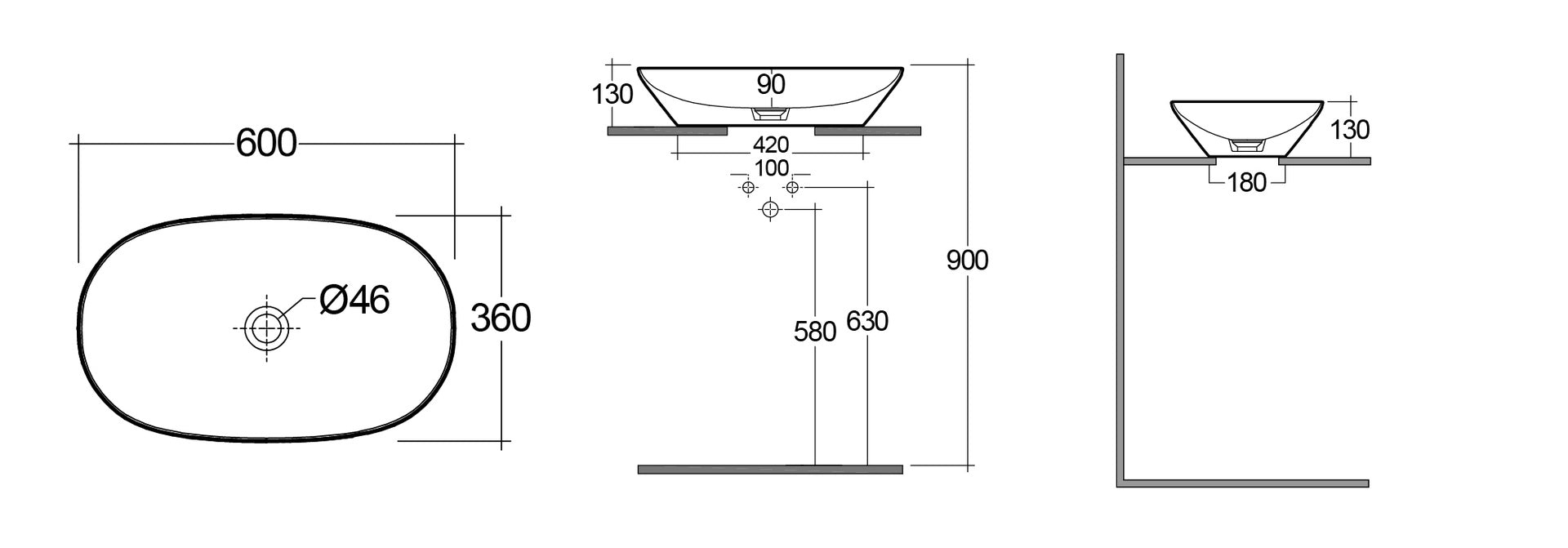 Lavabo ovale allungato da appoggio, bianco