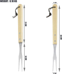 Set di 3 Attrezzi per Barbecue in Acciaio e Legno-Spatola, Pinza e Forchettone - Dim. 35x6.8x1.5 cm.35x9.5x2.5 cm.35x2.2x1.5cm